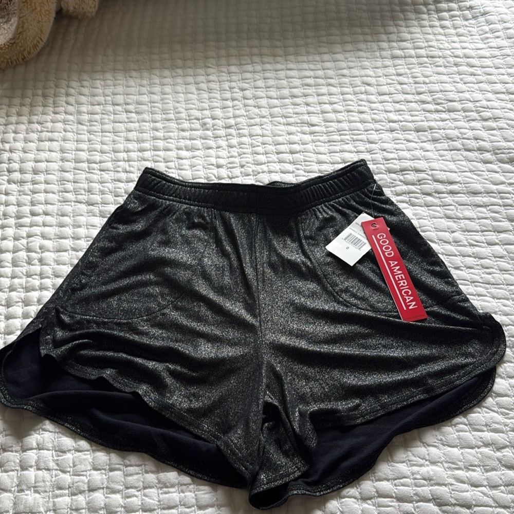 Good American Metallic Athletic Shorts NWT | Size 0 Black Shimmer Lounge Shorts